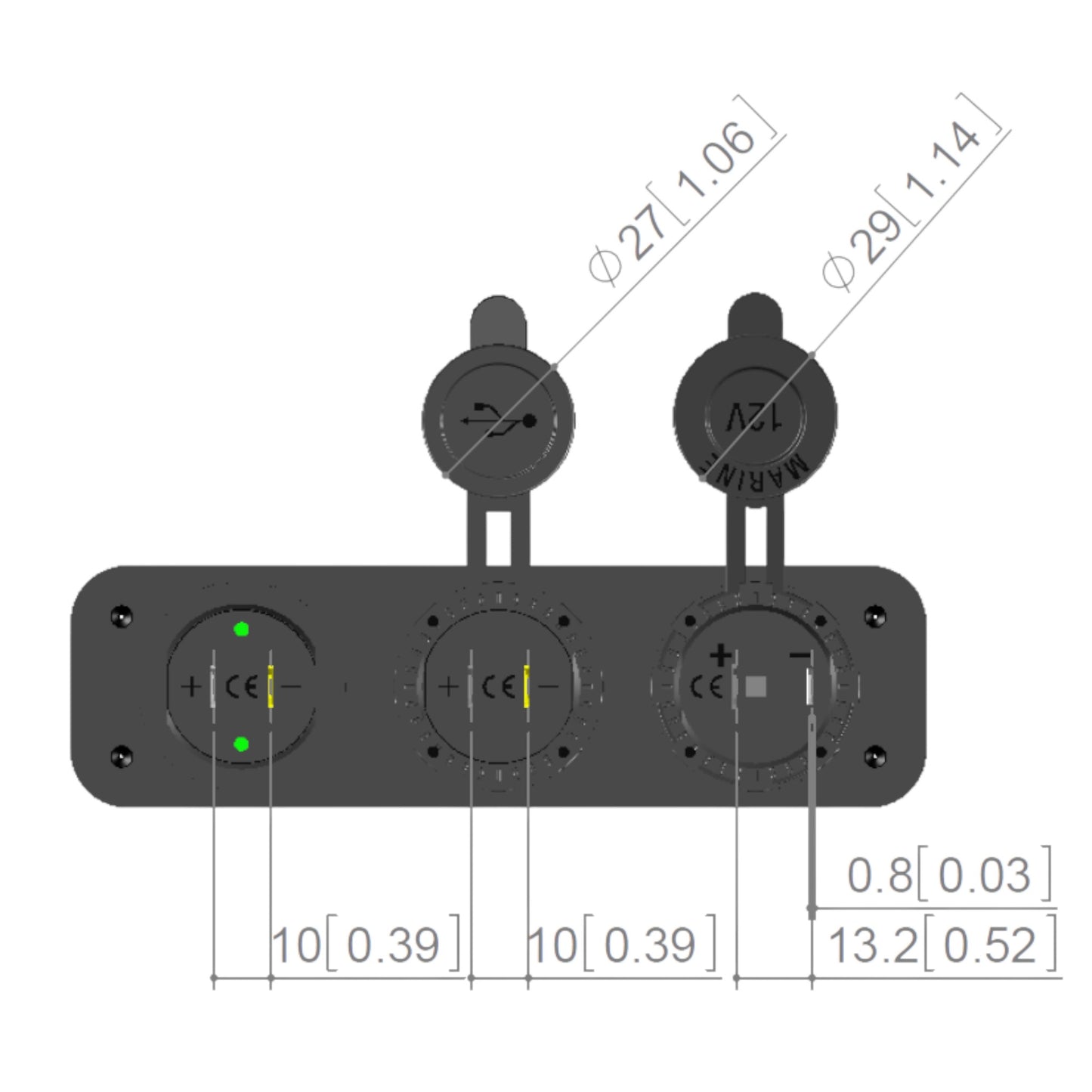 Pactrade Marine Car Digital Voltmeter Dual USB 2 Port Power Socket Three Hole Panel, Black