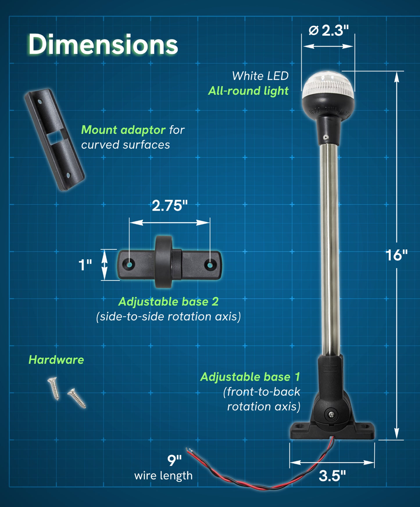 Pactrade Marine Aluminium LED RV Adjustable All Round 360 Degree with Stern Pole Navigation Anchor Light Pontoon Fishing Boat Kayak (16" Vertical & Horizontal)