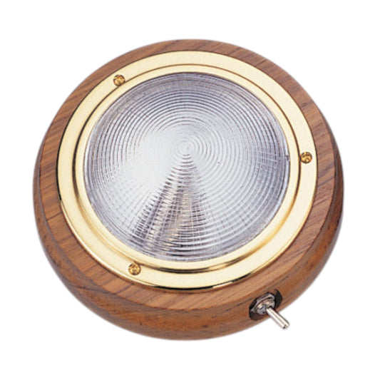 Pactrade Marine Boat 4" Dome Light PC Lens Brass Ring Teak Base Housing 15W Bulb