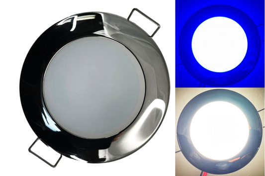 Pactrade Marine RV Boat Pontoon LED Courtesy Ceiling Light Glare Free Illumination Lens Energy Saving12V DC Spring Flush Mount 2-3/4" Overall Dia. (Stainless Steel Housing, Warm White & Blue LED)