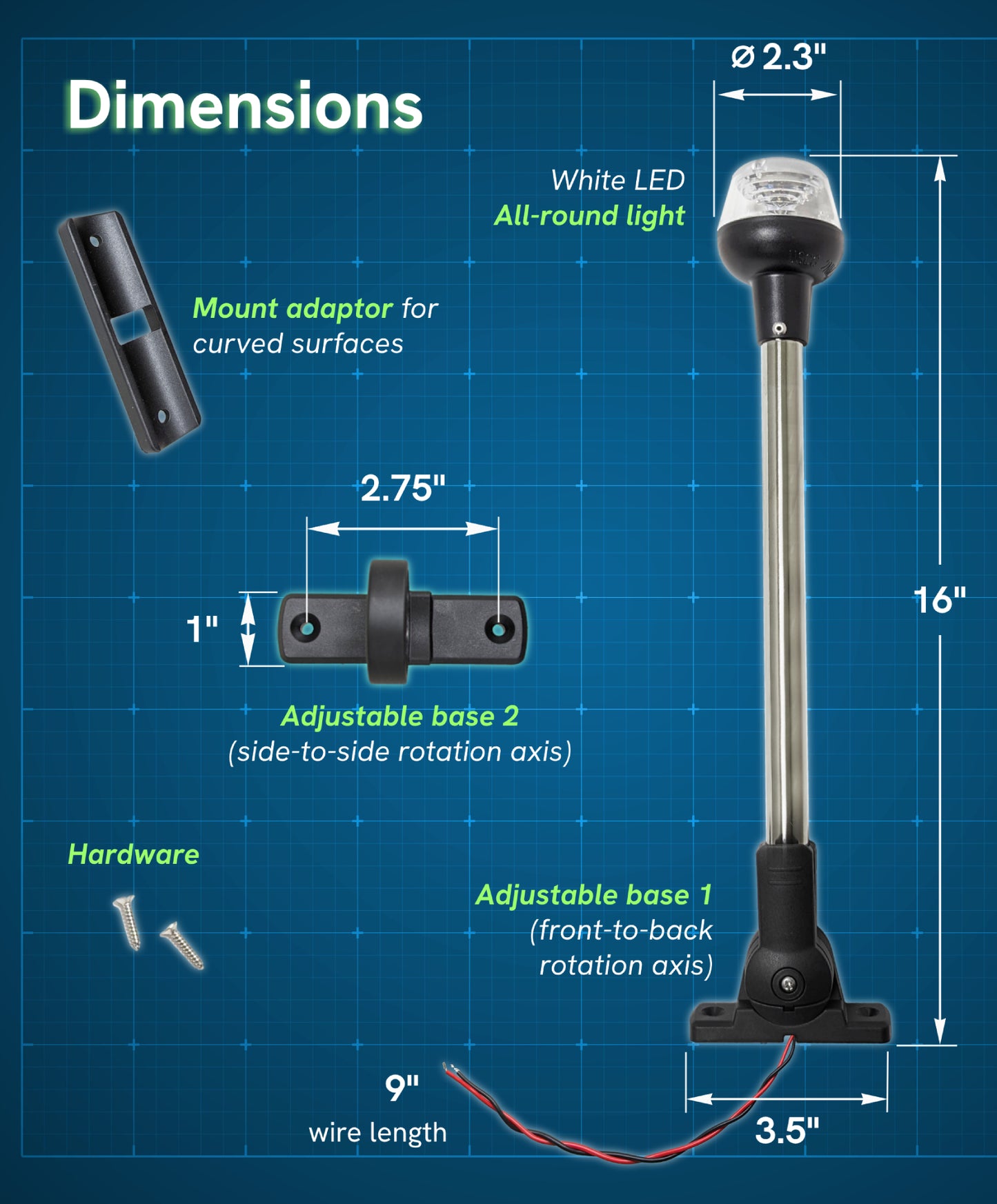 Pactrade Marine Adjustable Folding All Round Anchor Stern Light LED Navigation Stainless Steel Pole Pontoon Boat (Dual Folding Bases (H=16”))