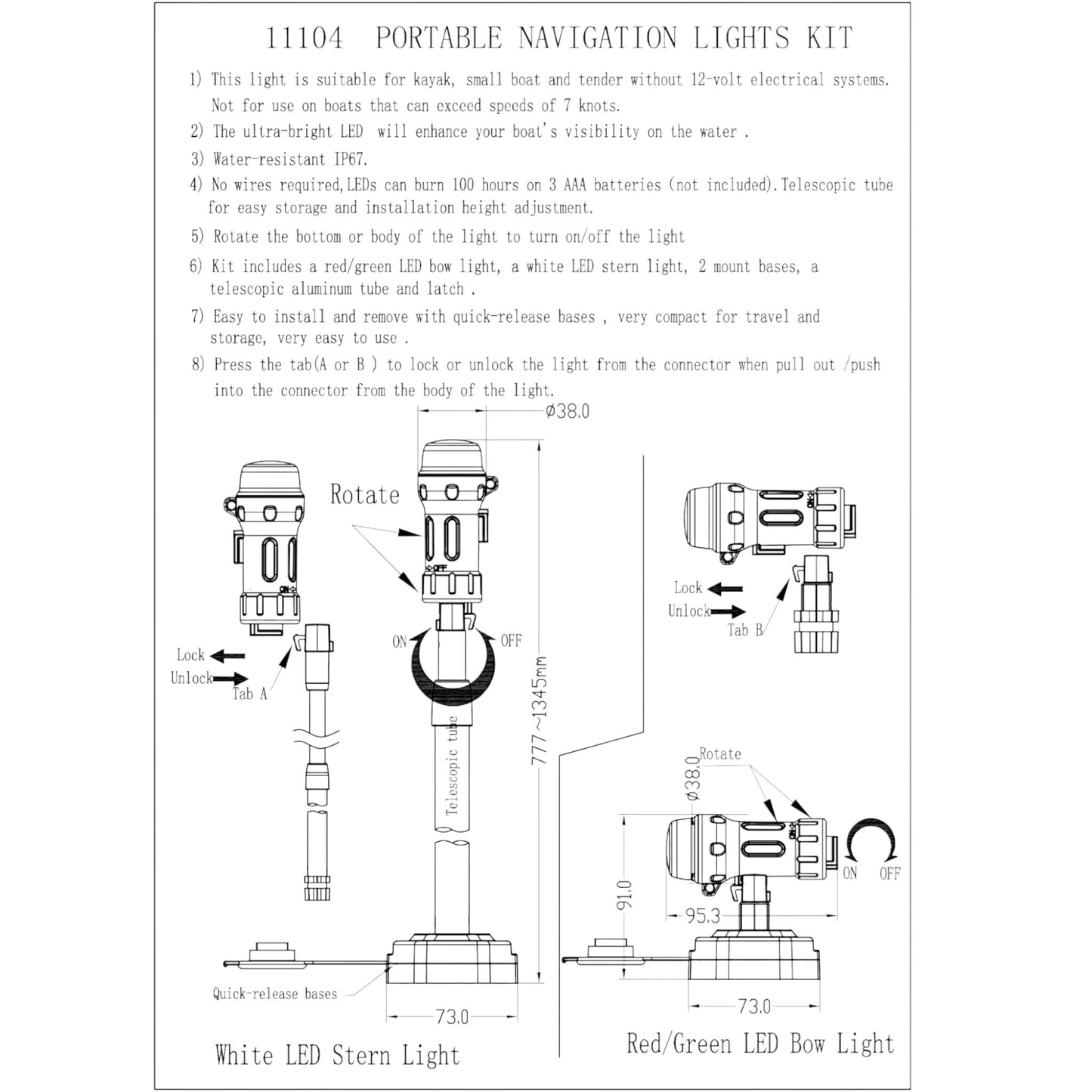 Pactrade Marine Combo Light and All-Round Light 1 * 0.5W LED*2/1NM Visibility 3*AAA Batteries Operated (NOT Included) IP67 Anodized Aluminum Tube (30.6"-53", Quick Release Base Mount)