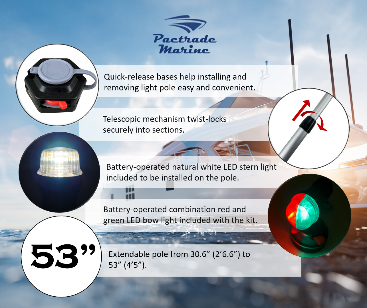 Pactrade Marine Combo Light and All-Round Light 1 * 0.5W LED*2/1NM Visibility 3*AAA Batteries Operated (NOT Included) IP67 Anodized Aluminum Tube (30.6"-53", Quick Release Base Mount)