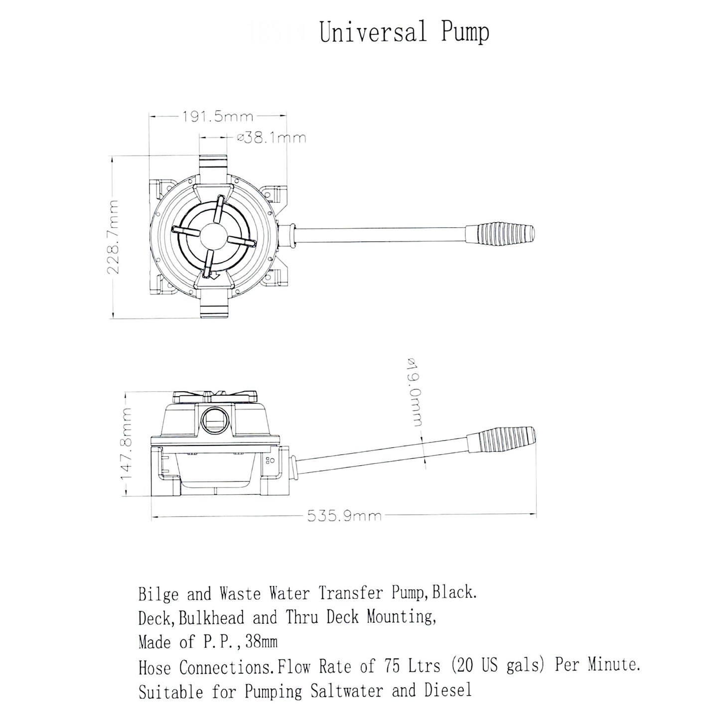 Pactrade Marine Boat Universal Bilge Waste Water Pump Transfer 20 GPM Salt Water Diesel