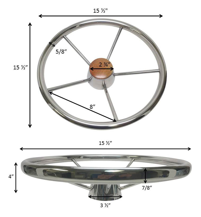 PactradeMarine Destroyer Style SS304 Five Spoke Steering Wheel With Teak Cap