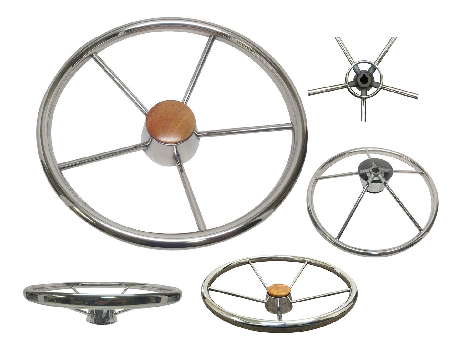 PactradeMarine Destroyer Style SS304 Five Spoke Steering Wheel With Teak Cap