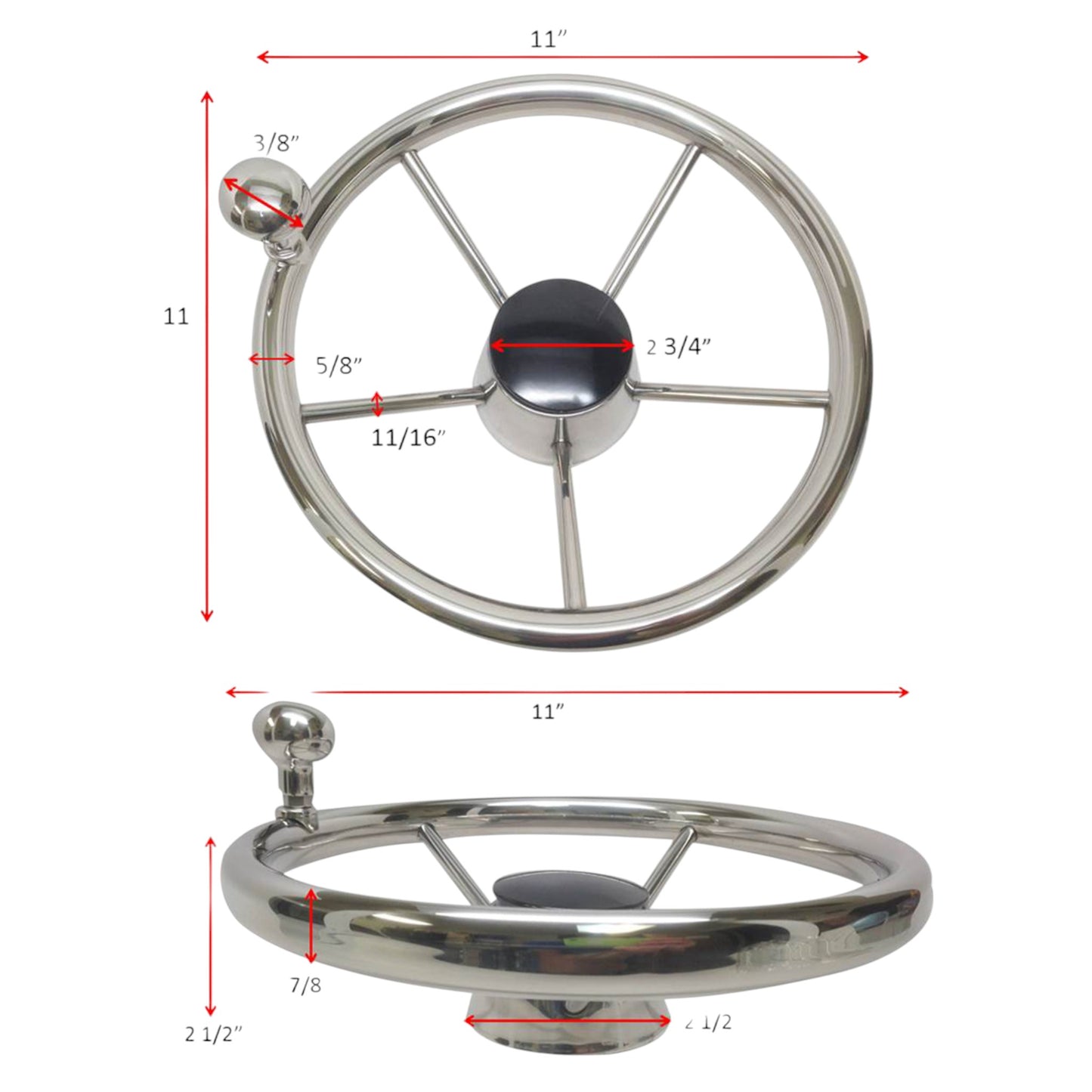 Pactrade Marine 5 Spoke 11" Stainless Steel Steering Wheel w/ Turning Knob