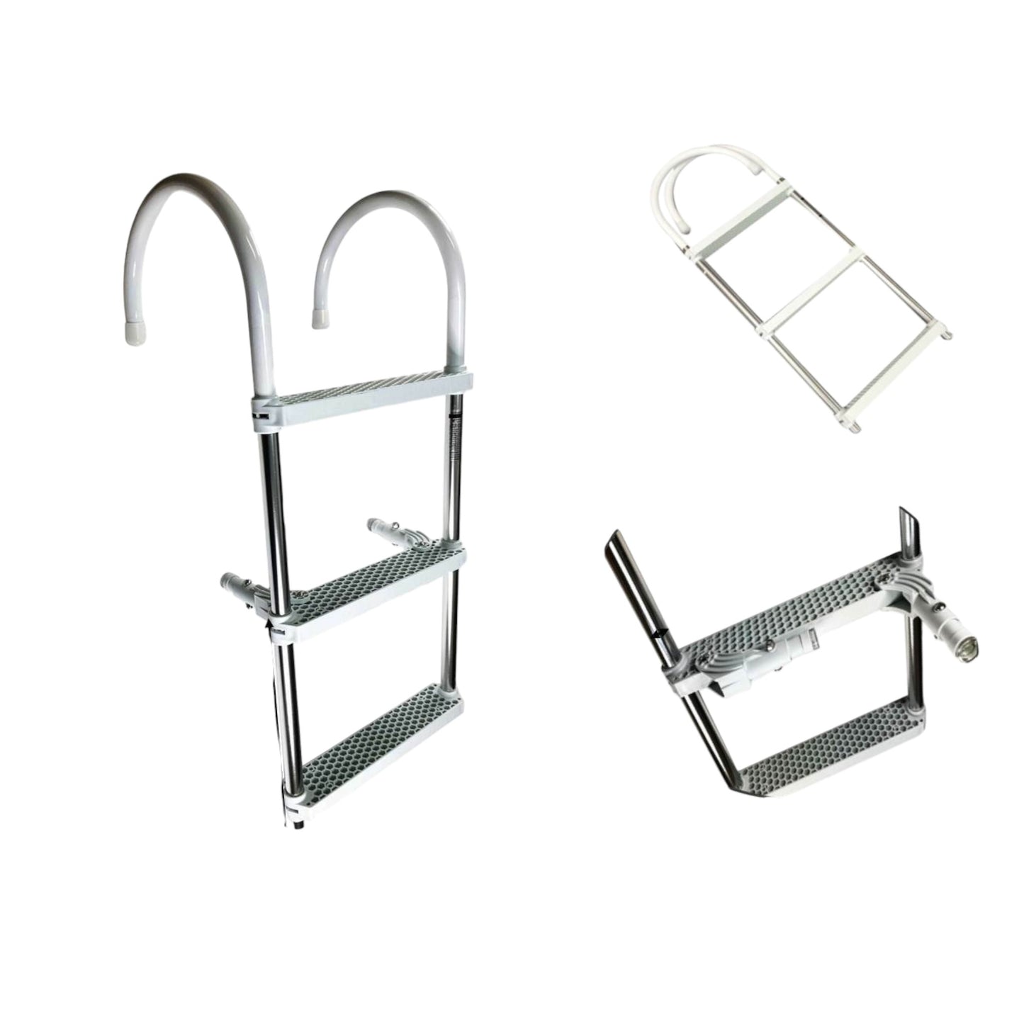 Pactrade Marine Boat Aluminum White Polyethylene Swim Boarding 3 Steps Ladder Hook 35X15"