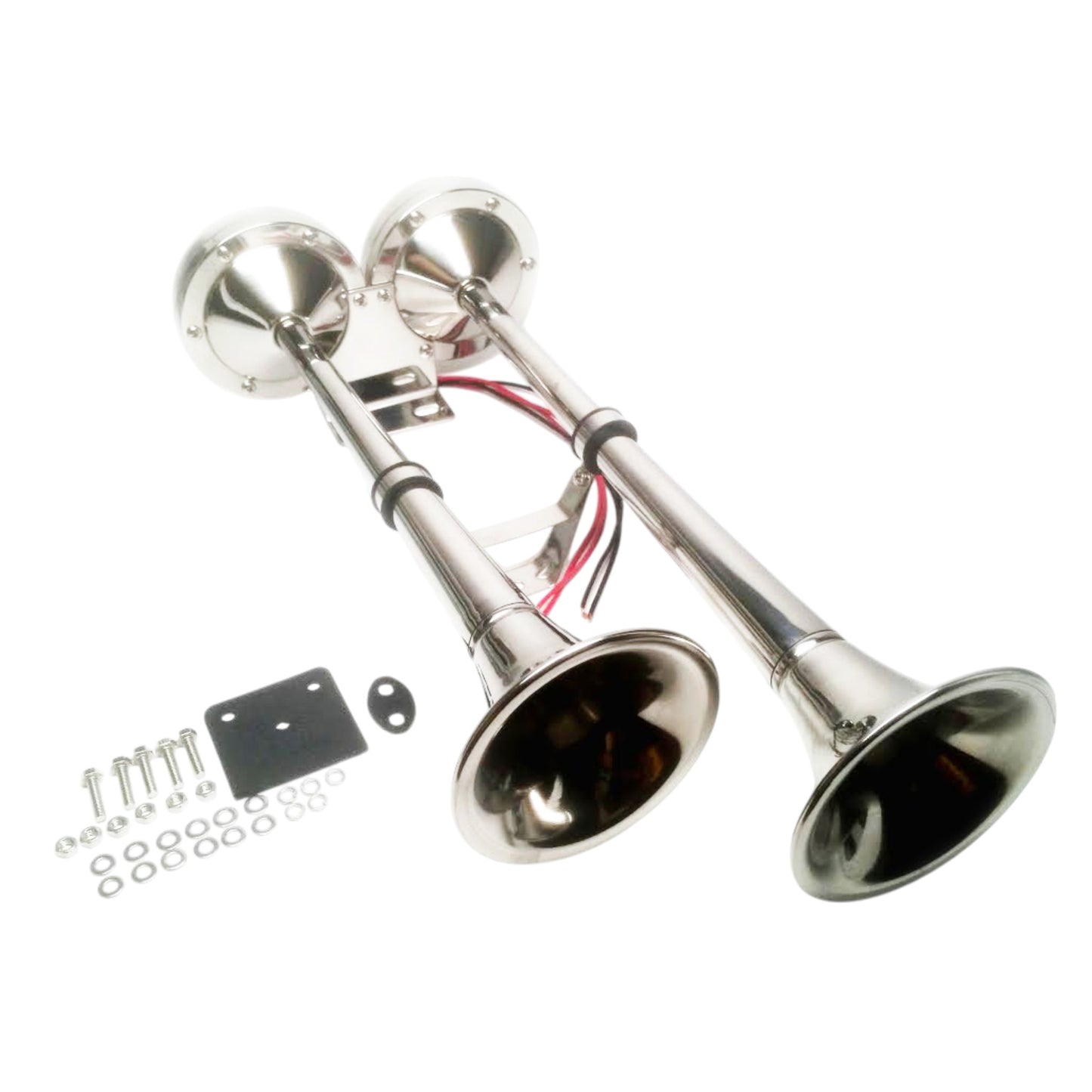 Pactrade Marine Boat RV Car Stainless Steel Dual Trumpet Horn Complete Set 12V