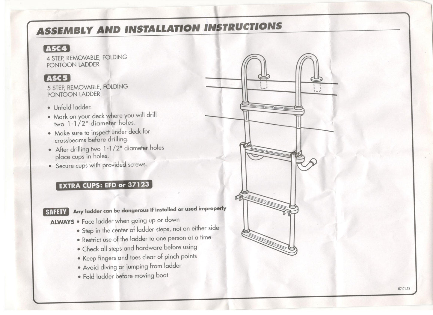 Pactrade Marine Pontoon Boat Removable Folding Ladder 5 Step Anodized Aluminum Tubing 300lbs