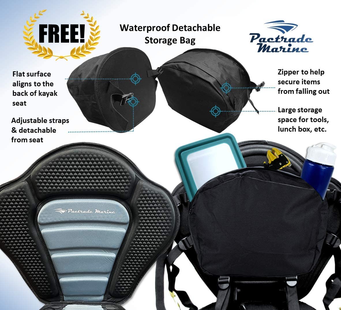 Pactrade Marine Adjustable Straps Black Gray Extra Padded Deluxe Kayak Seat Detachable Storage Backpack Bag Canoe Backrest Support Cushion Sit On Top Fishing Brass Clips Canoeing Kayaking Rafting