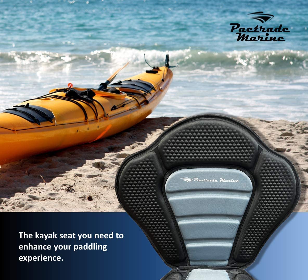 Pactrade Marine Adjustable Straps Black Gray Extra Padded Deluxe Kayak Seat Detachable Storage Backpack Bag Canoe Backrest Support Cushion Sit On Top Fishing Brass Clips Canoeing Kayaking Rafting