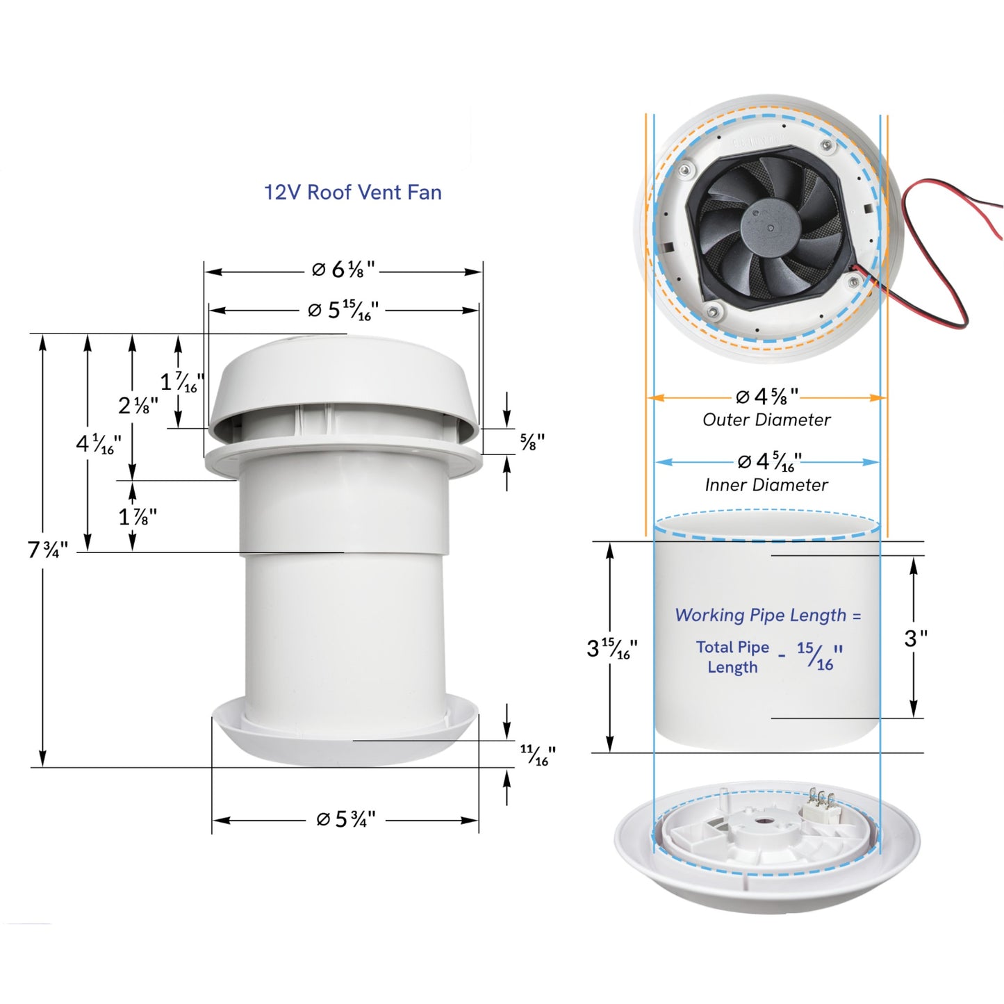 Pactrade Marine RV Vent Fan - 12V Fan for RV, Shed, Trailer, Camper, More | RV Ceiling Vent/Trailer Roof Vent for Odor & Moisture Control | Quiet, Weatherproof, Easy Install RV Exhaust Fan Replacement