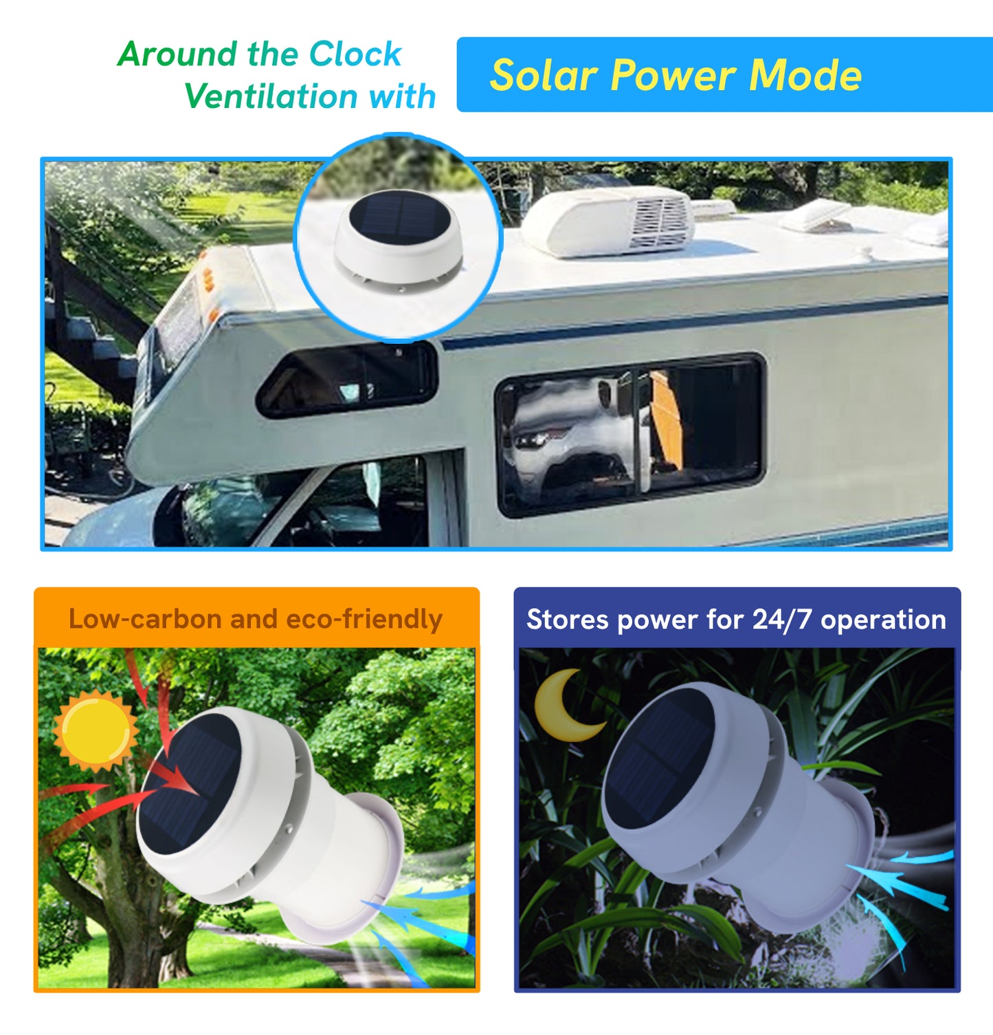 Pactrade Marine Solar Roof Vent Fan - Dual-Mode 12V/Solar Vent Fan for Shed, RV, Trailer, More | Solar/12V Exhaust Fan for Odor & Moisture Control | Quiet, Weatherproof RV Exhaust Fan Replacement