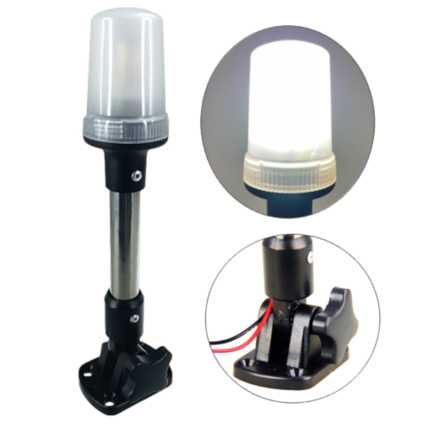 Pactrade Marine Boat LED All Round Anchor Navigation Stainless Steel Pole Light Black Base Clear Lens PA Housing 10-24VDC/2.5W Nature White 2NM Surface Mount IP65 250LM RoHS CE Certified (9-3/4")