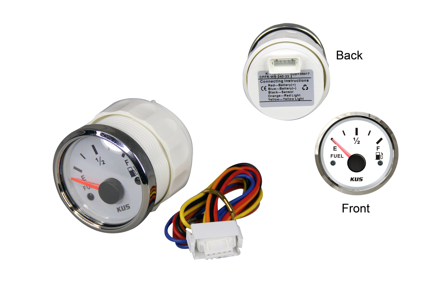 Pactrade Marine Boat KUS Analog Fuel Oil Tank Level Gauge Indicator 2'' 12V/24V 52mm 240-33ohms SS316 Bezel