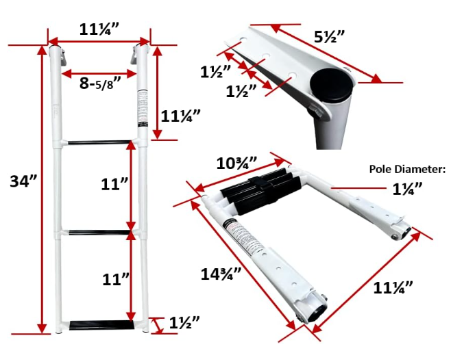 Pactrade Marine Boat White Teflon Telescopic Ladder Salt Water Corrosion & Scratch Proof Swim Step Over Platform Fold Compact Stowed White Keychain (3-Step)